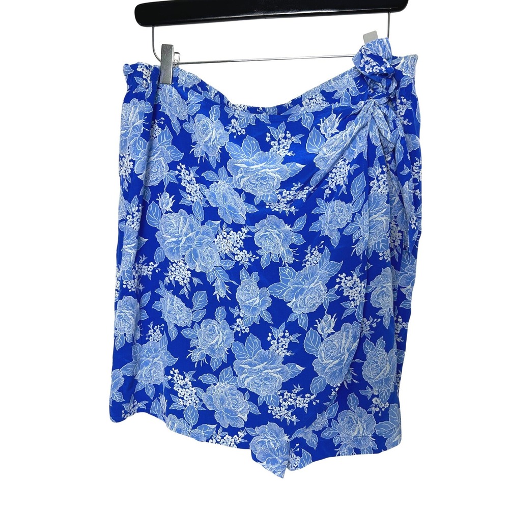 VTG Casual Corner 100% Silk Wrap Skort Womens M Blue Floral Coastal Summer
